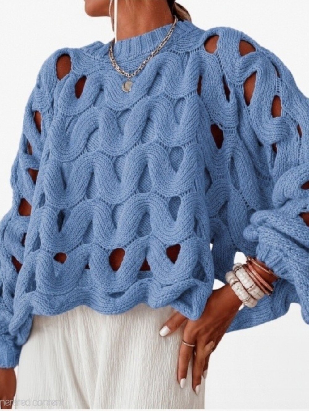 Open-Knit Blue Cable Sweater - Women's Lightweight Pullover